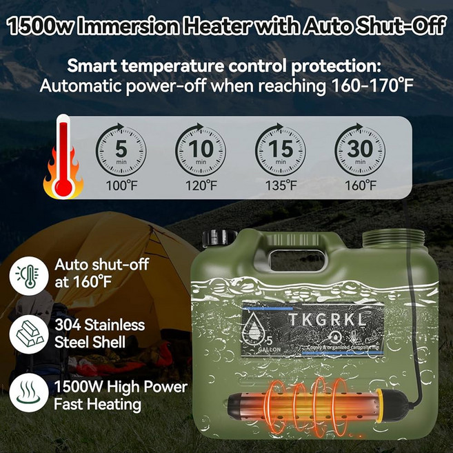 히터와 5갤런 태양광 캠핑 자동 1500W 몰입형 헹굼 패널이 샤워기 있는 키트 휴대용 샤워기 기능 6000MAH 히터 캠핑용 USB 충전식 충전 차단 물통이