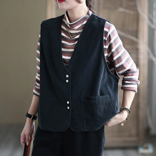 TIMEPURE 남녀공용 베스트 조끼 순면 포켓 빈티지 루즈핏 레이어드 베스트 여자 오버사이즈 V넥 조끼 아우터