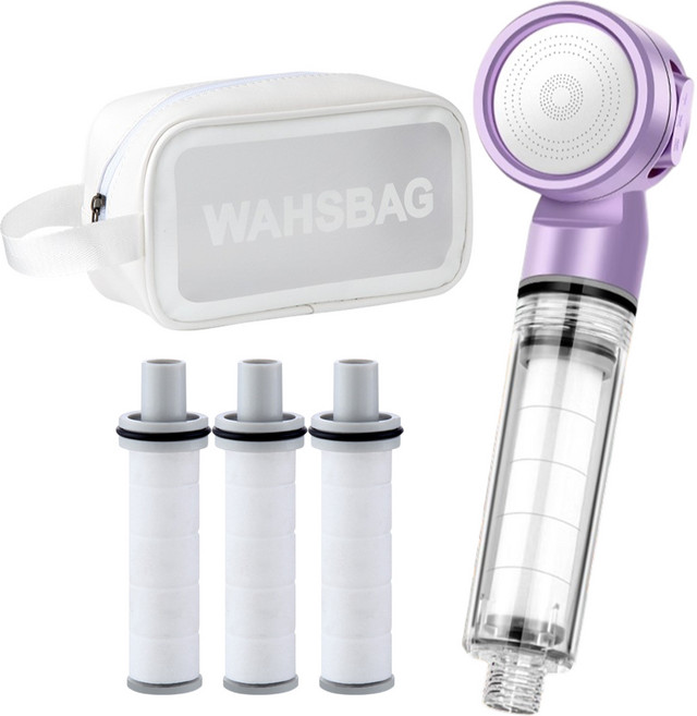 루본 강력 수압 상승 올인원 포켓 여행용 미니 샤워기 세트 필터 1+3개 포함 워시백 패키지, 퍼플, 1개