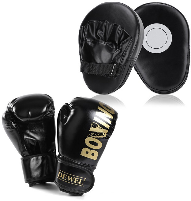 복싱 글러브 미트 세트 8oz 글러브 청소년 권투 킥복싱 격투기 미트 타이 무술 격투 훈련, 1세트, 블랙