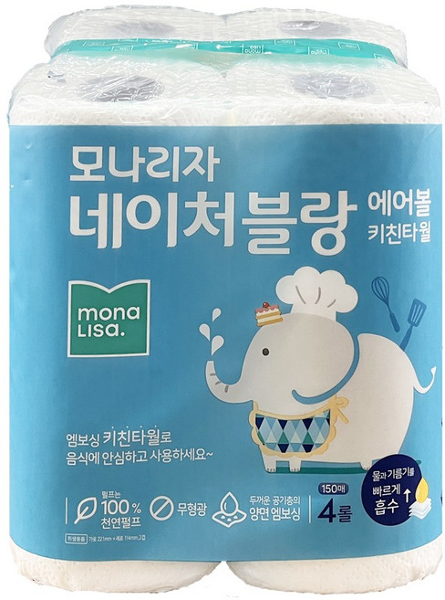 모나리자 네이처블랑 키친타월 키친타올 무형광 천연펄프, 1개, 4개입