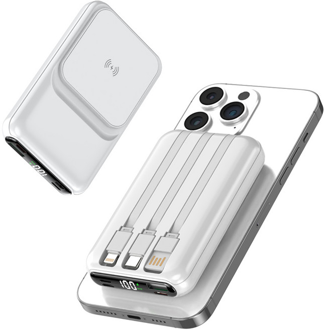 맥세이프 호환 보조배터리 대용량 20000mAh 15W무선+PD22.5W 고속충전 케이블 일체형 LCD잔량표시, 화이트, 1개, W010
