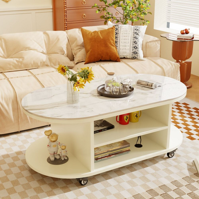 북유럽 2단 거실테이블 이동식 소파 테이블, 화이트 80CM