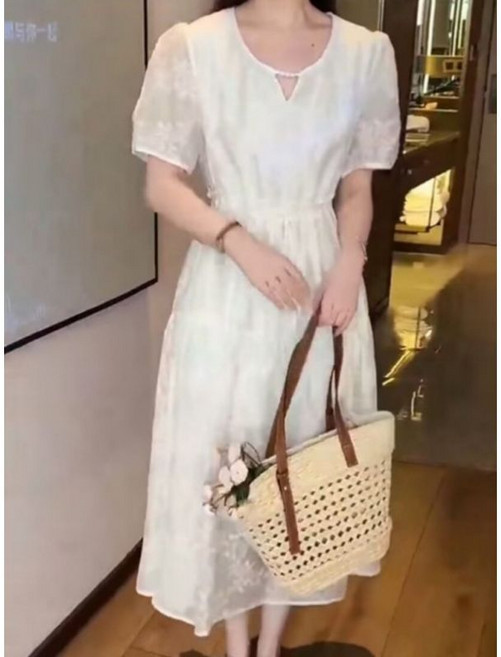 韓版時尚刺繡收腰顯瘦連衣裙 夏季新款百搭中長裙, 米白色