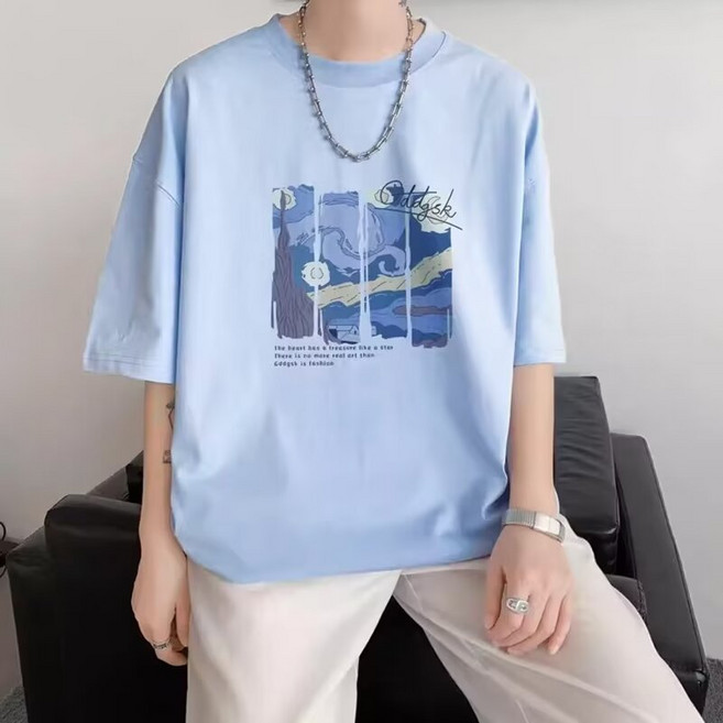 落肩款五分袖 潮牌衣服海浪油畫印花【M-5XL】熒光色大尺碼 情侶裝 男生衣服 寬鬆 短袖t恤, 天藍色,4XL