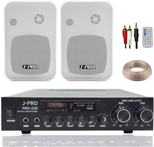 제이프로 220W 블루투스 매장용 카페 매장 업소용 벽걸이 미니 앰프 스피커 2개 세트+리모콘+PC선 1.5M+스피커케이블 20M, 화이트