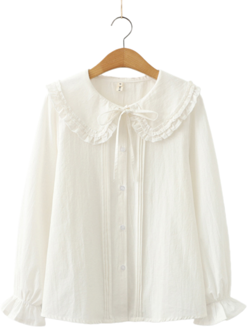 Makone 여성 빅카라 프릴 끈리본 루즈핏 심플 블라우스 캐주얼