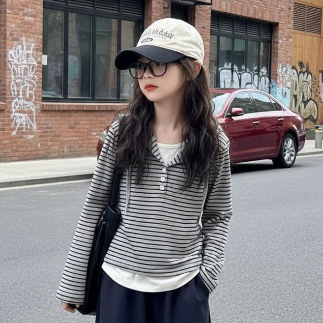 여아 봄가을 후드 긴팔티 루즈핏 스트라이프 레이어드 키즈 티셔츠 가짜 투피스