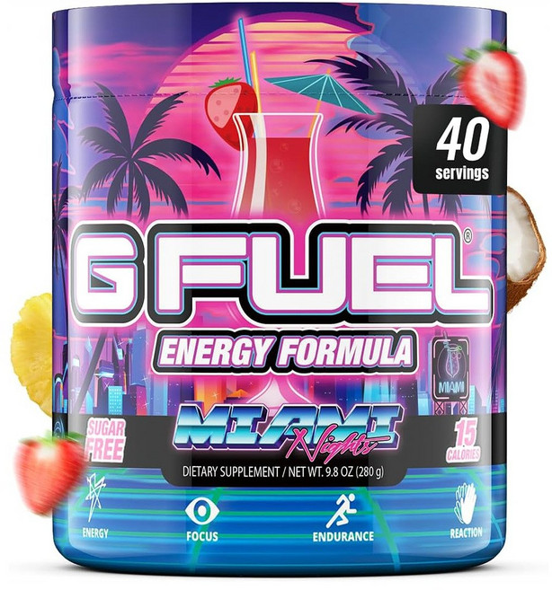 G Fuel Miami Nights Energy Drink Powder 지 퓨얼 마이애미 나잇츠 에너지 드링크 파우더 무설탕 스트로베리 피나콜라다, 280g