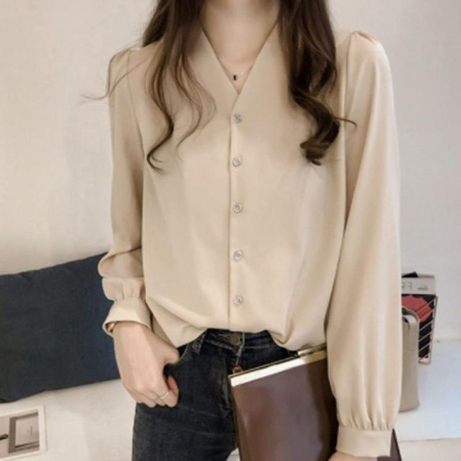 다잇템 여자 셔링긴팔 파워숄더 카라없는 V넥 블라우스