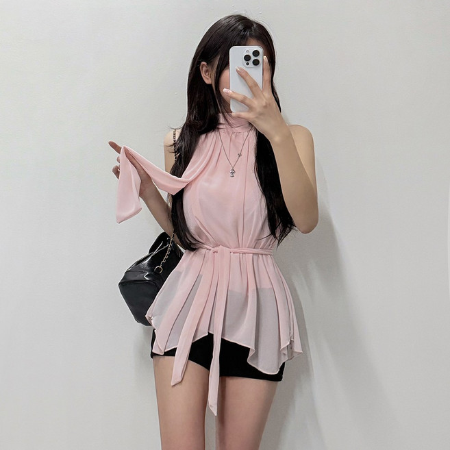 VANANA2 여성 오프숄더 레이어드 청순한 쉬폰 슬리브리스 홀터넥 타이 블라우스