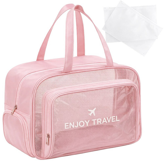 투데이리빙 대용량 신발 분리 수납 다용도 가방 + 지퍼백 남자 여성 성인 수영 목욕 방수백 수영장 비치 물놀이 방수 숄더백 수영복 대형 백팩 비치백, 핑크