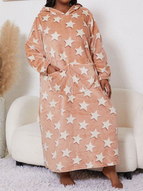 2024秋冬新款法蘭絨連帽星星睡袍 大碼女士保暖睡衣