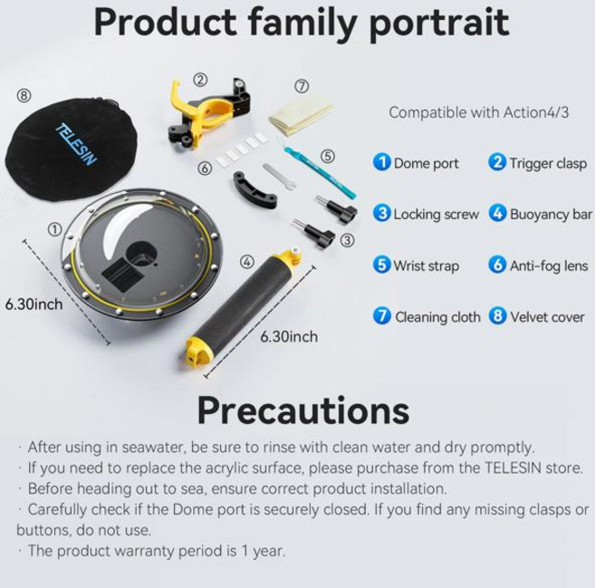 텔레신 30M 방수 돔 포트 수중 하우징 케이스 플로팅 핸들 트리거 포함 GoPro Hero 13 12 11 10 9/ DJI 3 4 5pro 호환, [00] 다이빙 및 스노클링, [02] For DJI 3 4 5pro, 1개