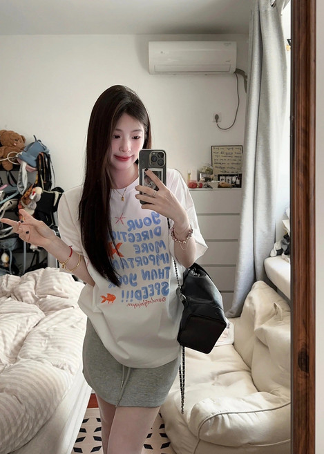 【慵懶顯瘦】白T恤 短袖T恤 女T恤 寬鬆T恤 圓領T恤 字母印花 純棉透氣 夏季百搭 休閒日常 韓版ins風