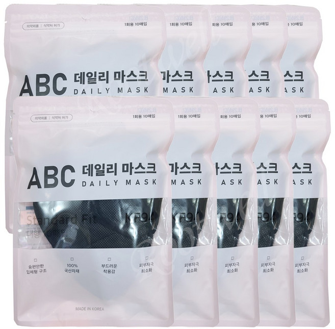 [100매] ABC 에이비씨 데일리 황사방역용 마스크 대형 KF94 10매입 10개, 10개입, 검정색