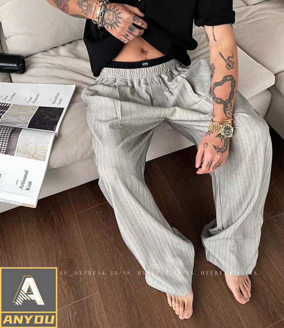 ANYOU 남성 스트라이프 와이드 팬츠 루즈 핏 팬츠 가을 팬츠