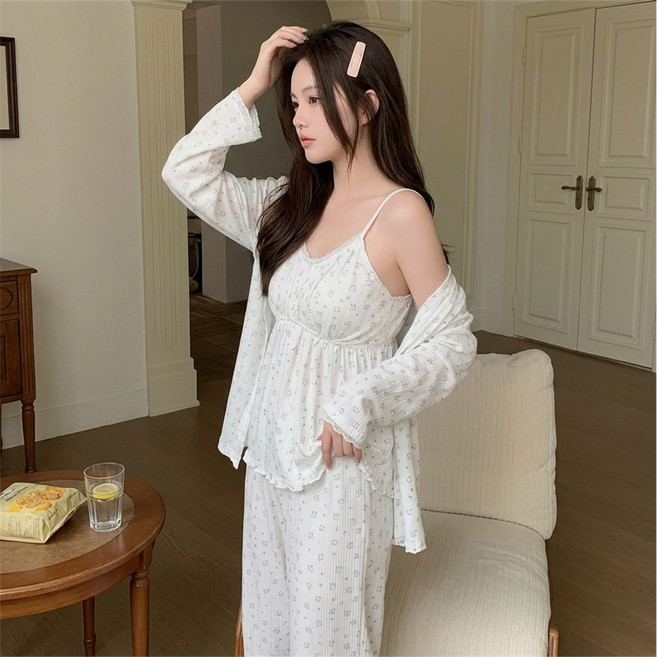 Novah 부드러운 여성 파자마 세트 캡내장 수면잠옷 가디건+나시+바지