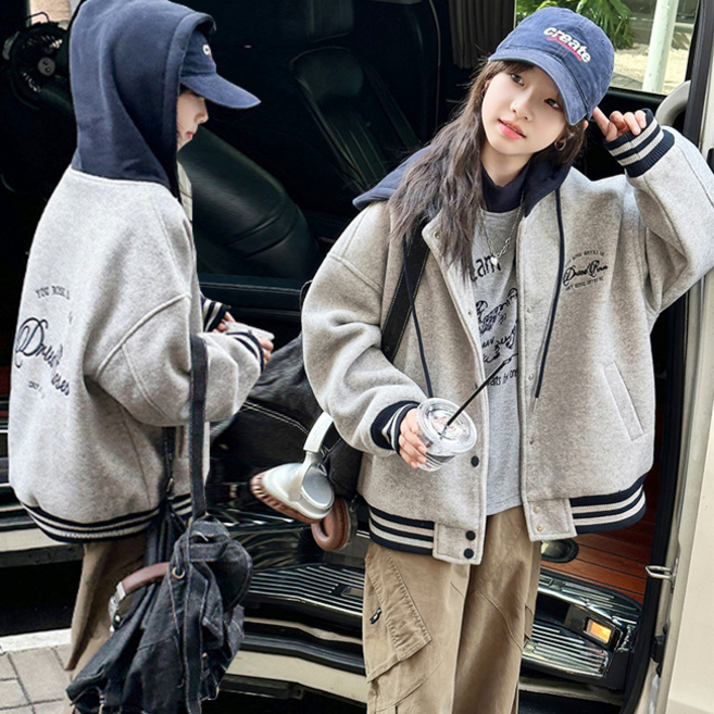 주디앤홀리 주니어 캠퍼스 후드 모직 야구점퍼(남녀공용) 데일리 오버핏 후드점퍼 초등고학년 초등 남아 초등 여아 주니어 겨울 아우터 후드집업 점퍼 재킷