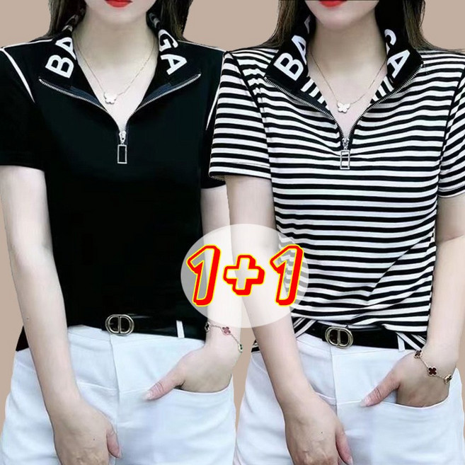 1+1 여성 카라티 루즈핏 아이스 패션 반팔 티셔츠 레터링 반집업 블라우스