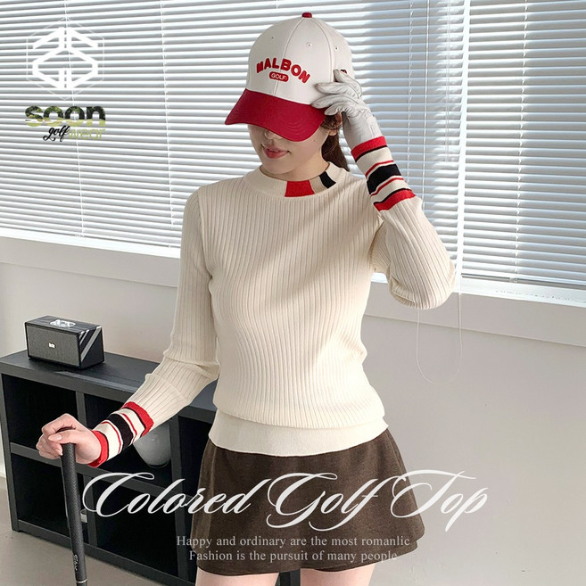 [순이야] S.골프 여성 스트라이프 배색 라운드 슬림 니트티