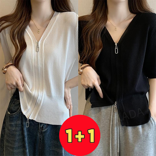 AOKADA 1+1여성 여름 슬림핏 V넥 집업 골지 반팔 티셔츠 정어깨 찰랑 니트티 체형보정 상의