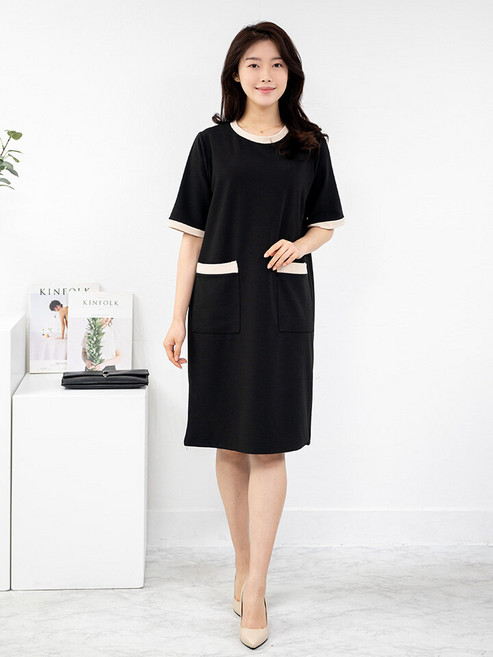 모슬린 엄마옷 배색 라운드 반팔 원피스 613FGH421 마담/중년여성/빅사이즈/50대/60대