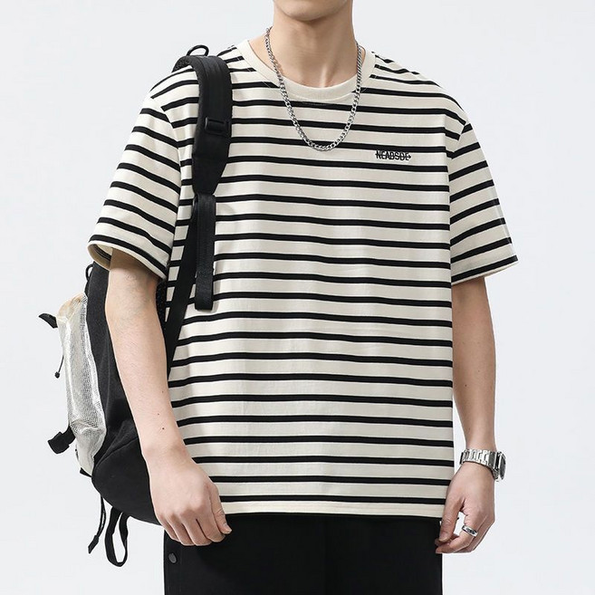 Makone 남성 스트라이프 반팔 티 자수 캐주얼 루즈핏 라운드넥 데일리 반소매 티셔츠