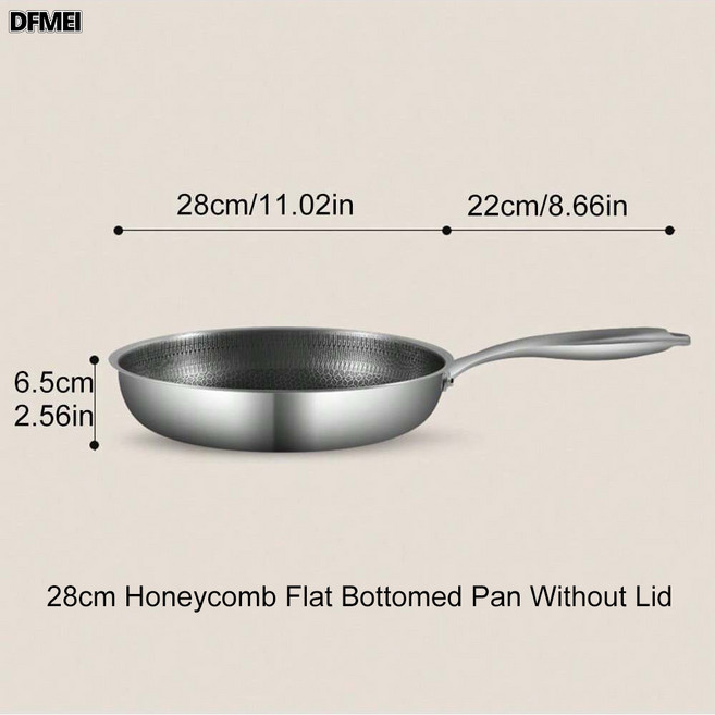 DFMEI 蜂窩316L不鏽鋼不粘鍋厚平底鍋家用無塗層牛排深煎炒不沾烙餅煎鍋, 1個, 316L【無蓋】28cm單面屏蜂窩不粘煎鍋:如圖, 1cm