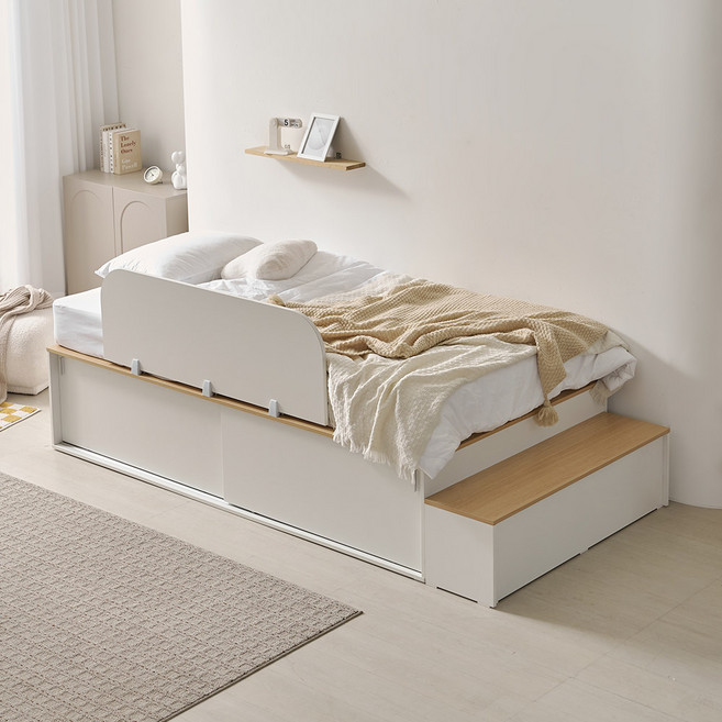 라자가구 E0 모아 슬라이딩 벙커 수납 침대 프레임 SS/Q (매트제외), 화이트오크