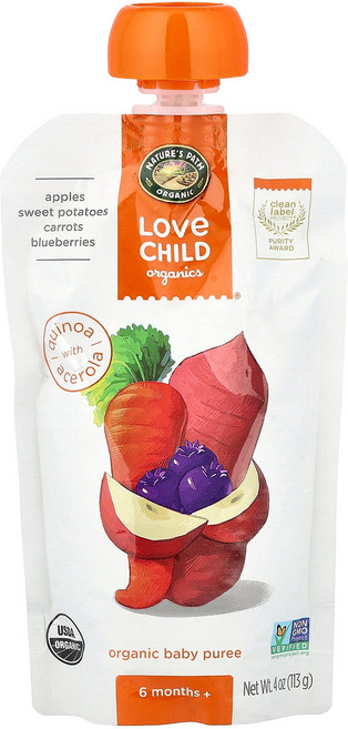 Love Child Organics Nature's Path 유기농 베이비 퓨레 생후 6개월 이상 사과 고구마 당근 블루베리 113g(4oz) Organics (, Love Child Organics, Nature's, 1