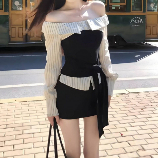 해피유통 여성 오프숄더 스트라이프 배색 상의 코르셋 슬림핏 긴팔티