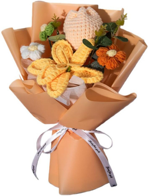 跨境母親節禮物手工鉤織毛線花束成品薰衣草鬱金香花畢業季永生花, 鬱金香黃色