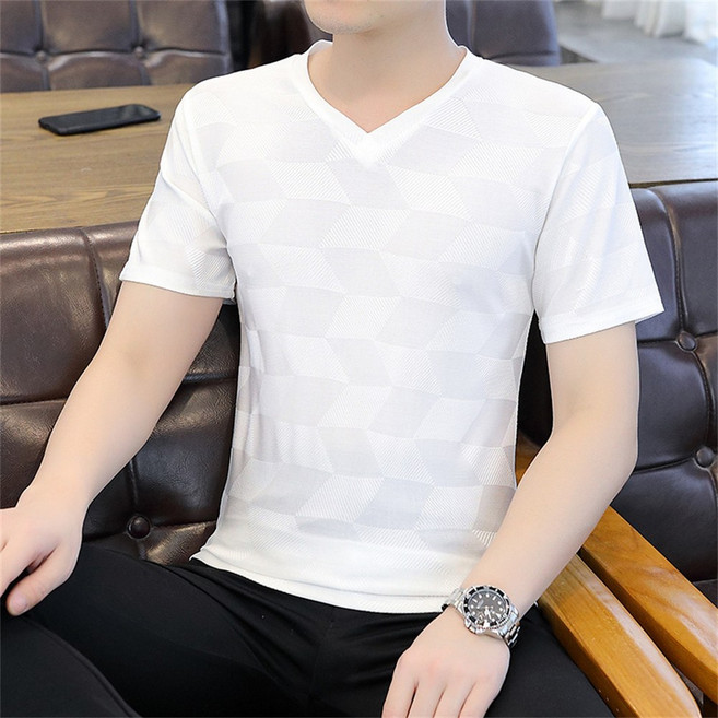 남자 니트 반팔티 쿨 티셔츠 브이넥 여름 슬림 스판 통기성 데일리 골지 AJ98
