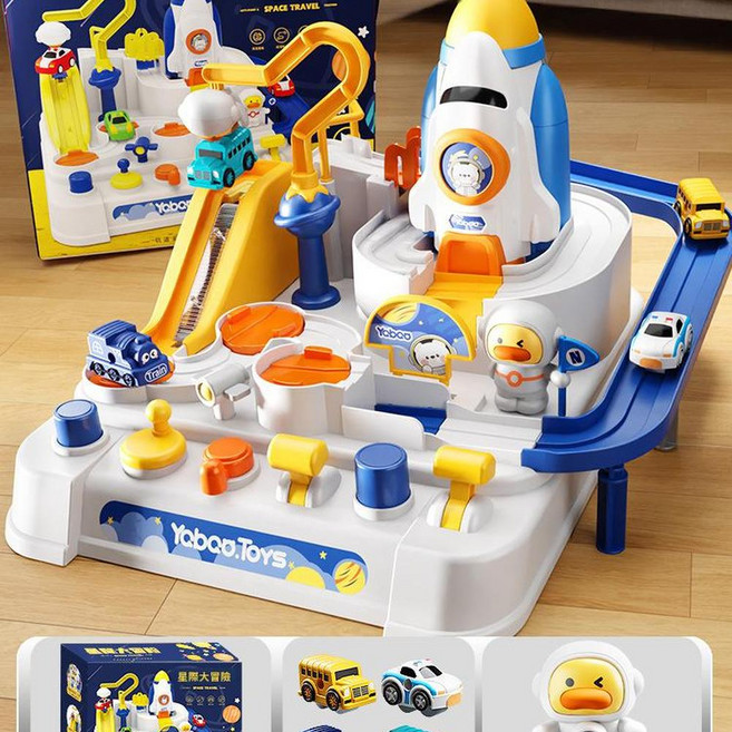 Yaboo.Toys 火箭太空軌道玩具 兒童益智闖關冒險組, 火箭太空大冒險禮盒 4主題車 磁吸宇航員, 1個