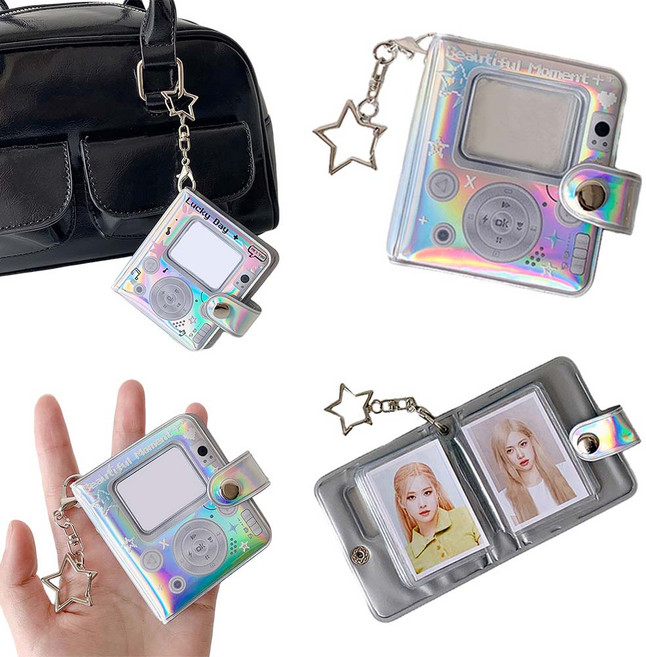 루베이 미니 포토앨범 키링 투명 보호 커버 스크래치 방지 버튼 보관 사진/카드/굿즈, 푸른 색, 16매