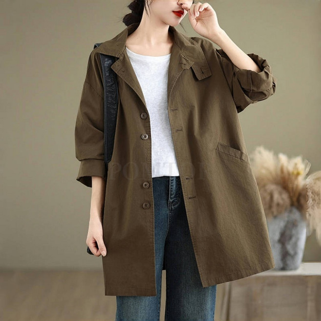 POMTOR 여성 봄가을 간절기 캐주얼 루즈한 빅사이즈 미디 점퍼 긴팔 코트