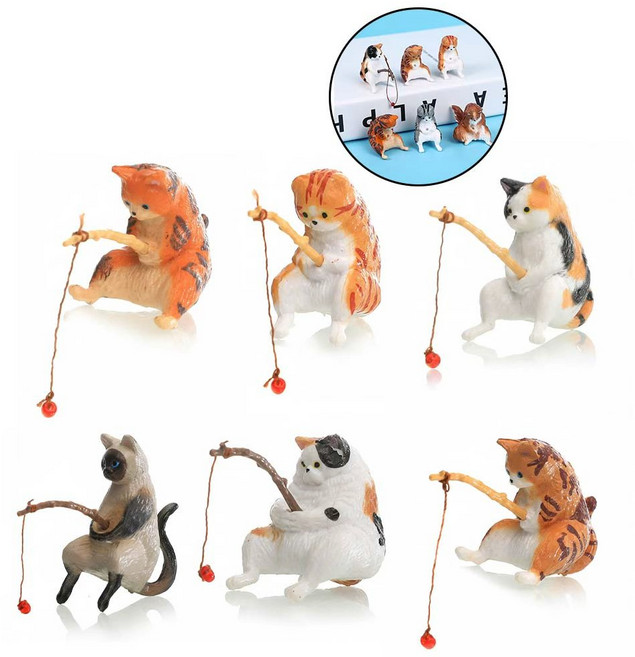 치트몰 어항 화분 테라리움 낚시하는 고양이 피규어 6종, 1세트