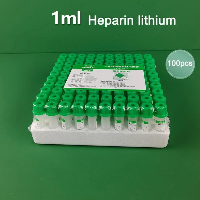 멸균 미세 혈액 채취 튜브 EDTA K2 K3 0.5ml 1ml 플라스틱 일회용 헤파린 리튬 나트륨 테스트 100개, 09 1ml-Heparin-lithium
