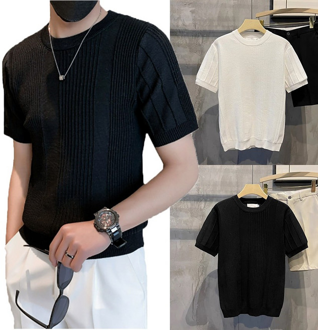 남자 반팔니트 라운드넥 스타일 반팔스웨터 골지카라티 스판원단 레귤러핏
