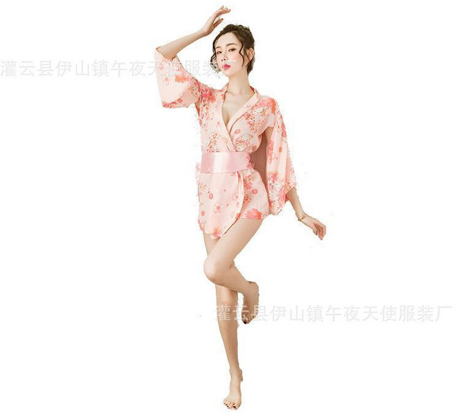 【洁白】性感內衣雪紡印花睡衣短裙夏季女士居家浴袍日韓風蝴蝶結和服9726【AL】