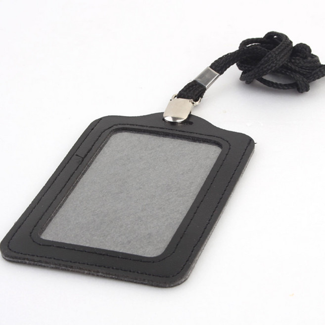 가죽 목걸이형 명함케이스 사원증케이스 출입증 명찰, 세로 검정, 1개