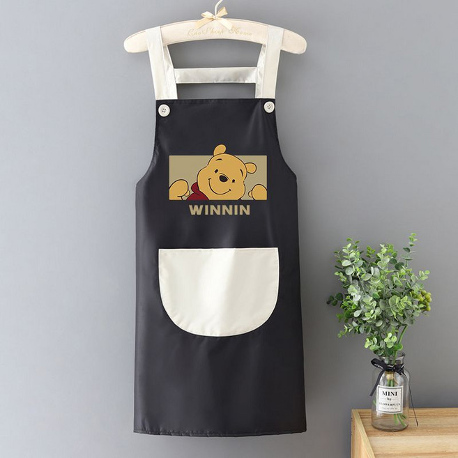 홈 주방 앞치마 새로운 패션 그물 유명인 여성의 외국 방풍 방수 및 오일 방지 허리 만화 요리 작업복 사용자 정의, 푸우 블랙 애쉬 포켓, 1개