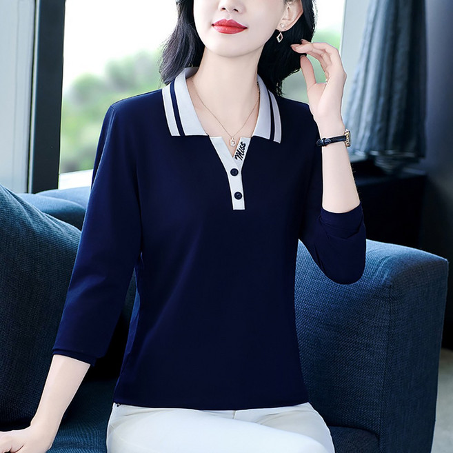 Vezri 중년여성 봄 가을 긴소매 티셔츠 캐주얼 칼라 티셔츠