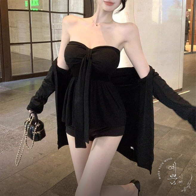 예쁨시전 [투피스] 캡내장 미끄럼방지 글램 셔링 튜브탑 플레어 가디건 세트