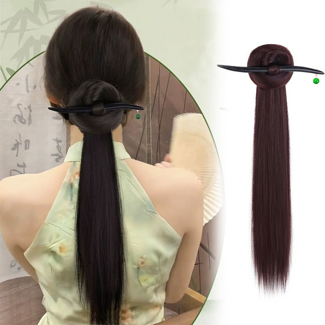 하이유니 심플 우드 비녀 스트레이트 포니테일 집게 부분 가발 50cm, 1개, 다크브라운