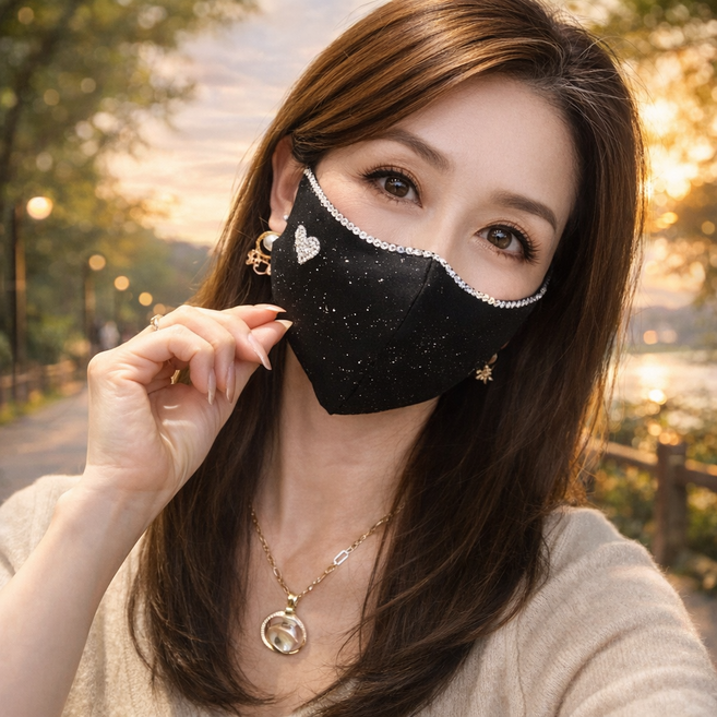 하트 큐빅 패션 마스크 연예인 보석 면마스크 블랙 끈조절 성인용 얼굴 소멸 세탁가능 T3890