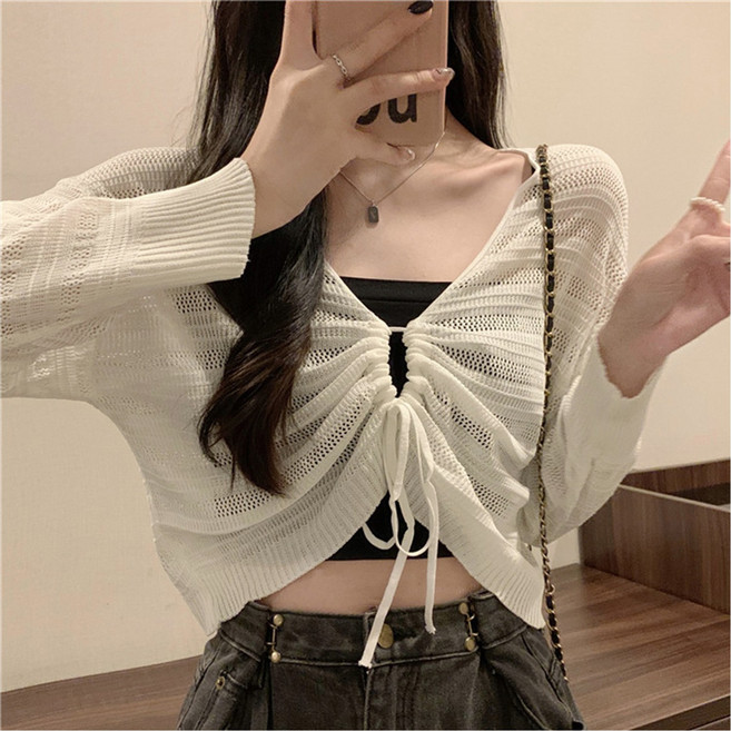 cammello 청순무드 스트링 포인트 브이넥 크롭 여름 가디건 살안타템