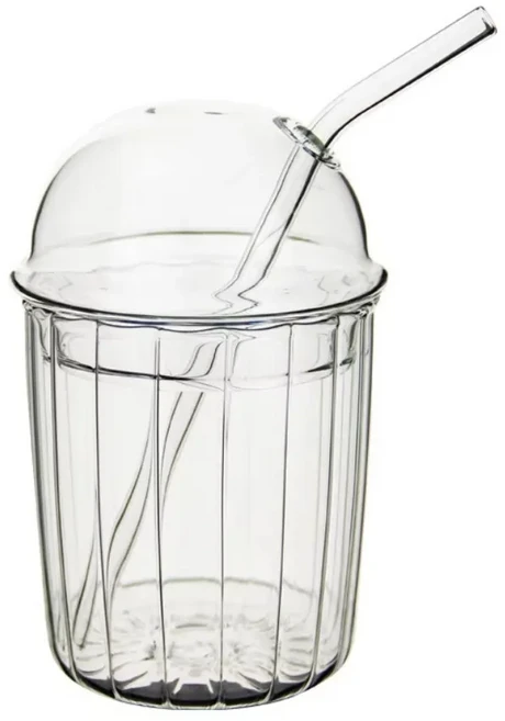 주스컵 투명 유리 빨대컵 돔형 뚜껑 넓은 입구 밀크티컵 심플 스타일 스트라이프 패턴 음료컵 우유컵, 01 Transparent, 01 401-500ml