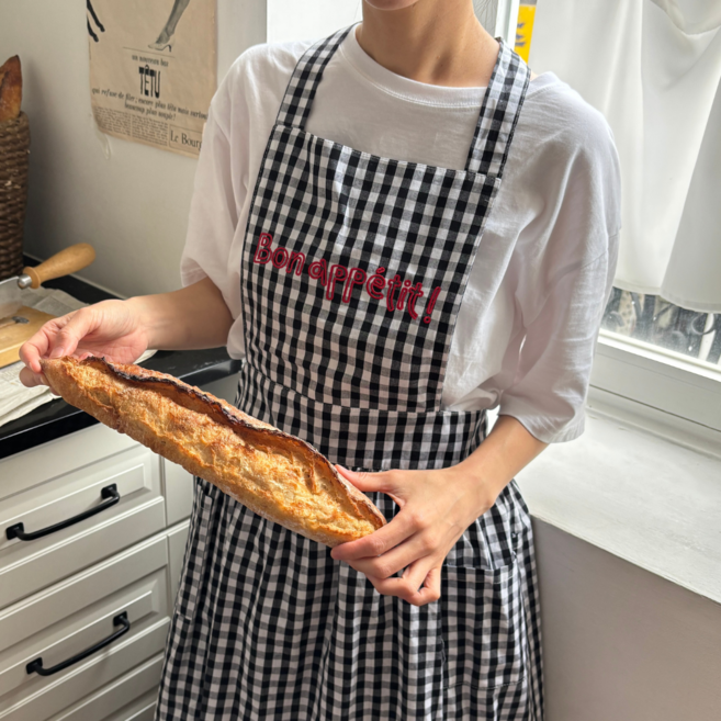 론드흐 프렌치 레터링 주방 카페 예쁜 앞치마, 1개, 코튼 체크(블랙)